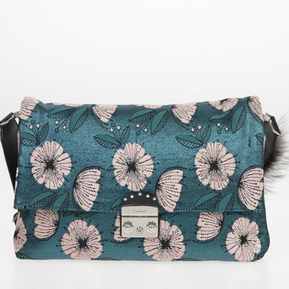 Floral Teal Crossbody Bag with Pink Blooms